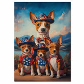 Basenji Dog Mom and Puppies in Patriotic Outfits with Bowties and Hats in a Scenic Mountain Valley American Holiday Painting on Ready to Hang 1.5" Thick Canvas Wrap, Floating Framed Canvas, Flat Rolled Canvas